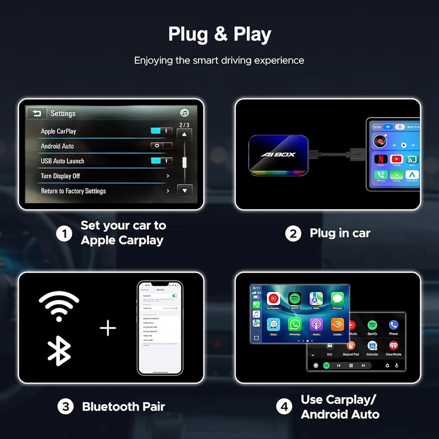 Magic AI Box, Wireless CarPlay Android Auto Adapter with Net-Flix YouTube TikTok, Built-in Play Store and Screen Mirroring, Plug and Play Video Adapter for OEM Factory Wired CarPlay Vehicles