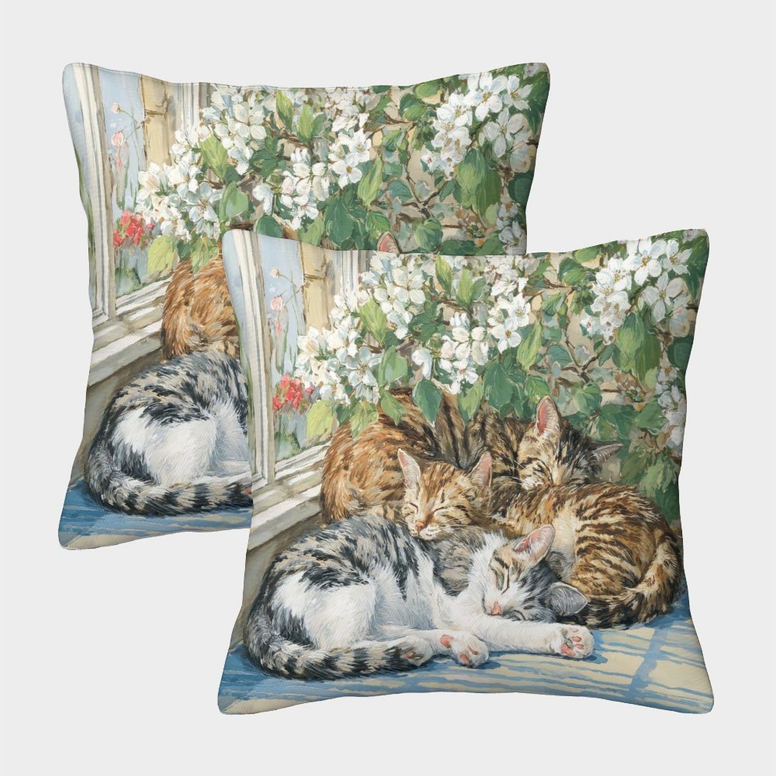 kaiyun 2 Pack Three Kittens, Flowers Blooming Outside The Window 3D Image Printed Single-sided Cushion Cover 40x40cm