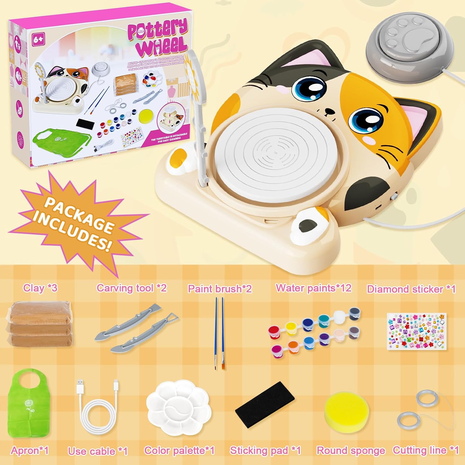 Pottery Wheel for Kids - Pottery Arts and Crafts for Kids Ages 8-12 with 3 Pack Painting Kit Air Dry Clay Art Supplies Toys for Girls Boy Christmas Birthday Gift for 6 7 8 9 10 11 12+