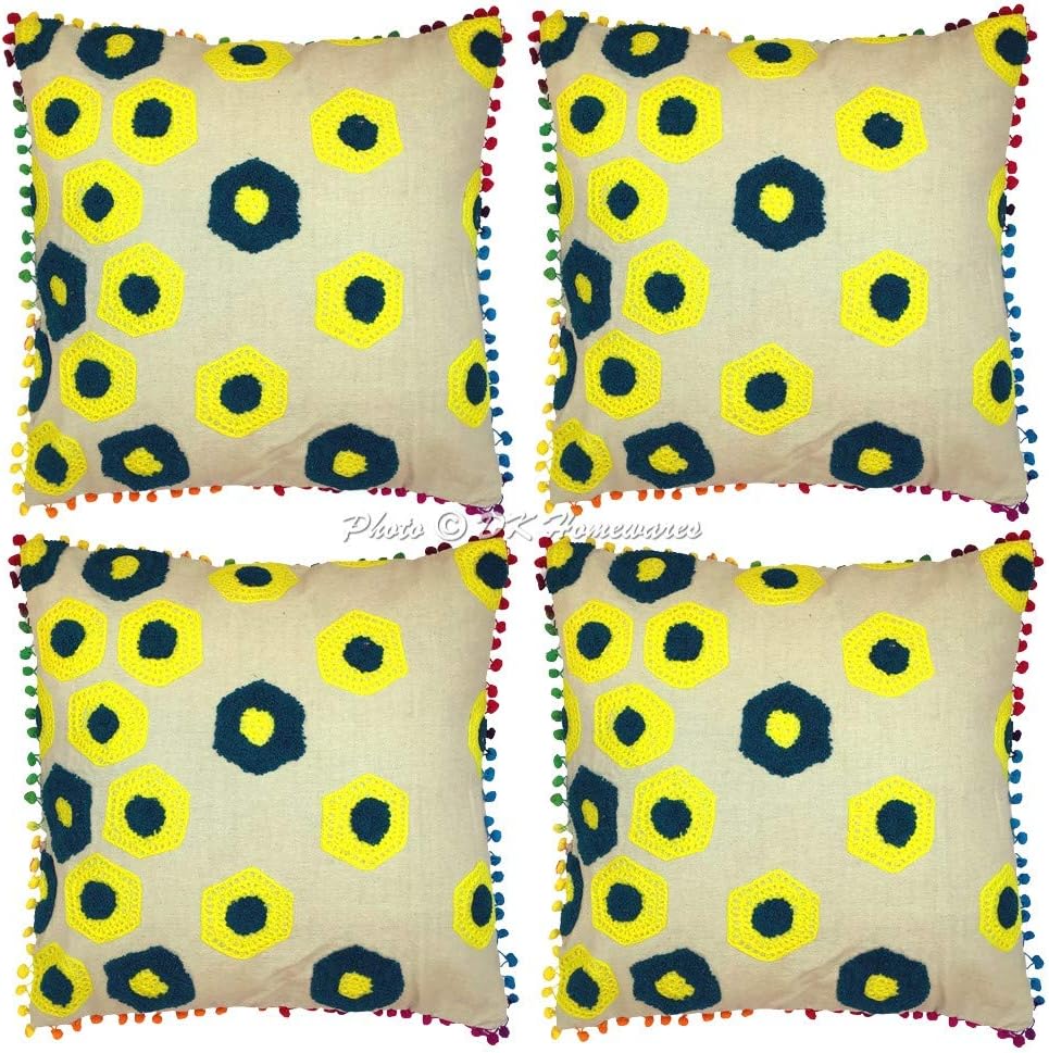 Indian Decorative Sofa Throw Pillowcases 16x16 Inch Cotton Terry Weave Embroidered Bohemian Square Couch Cushion Covers (Size - 40x40 cm ; Color: Green & Yellow) - Set of 4 Pcs