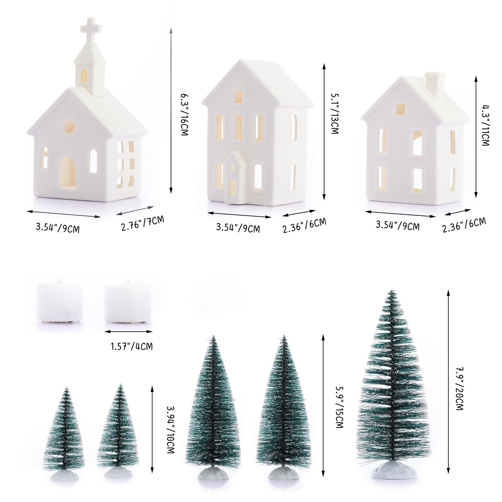 Weihnachtsdorf-Figuren-Set, 4 Keramikhäuser und 5 Bäume, Weihnachtsdekoration für den Innenbereich, weiß, rustikale Dekoration für Zuhause, Tisch, Zimmer, 9 Stück