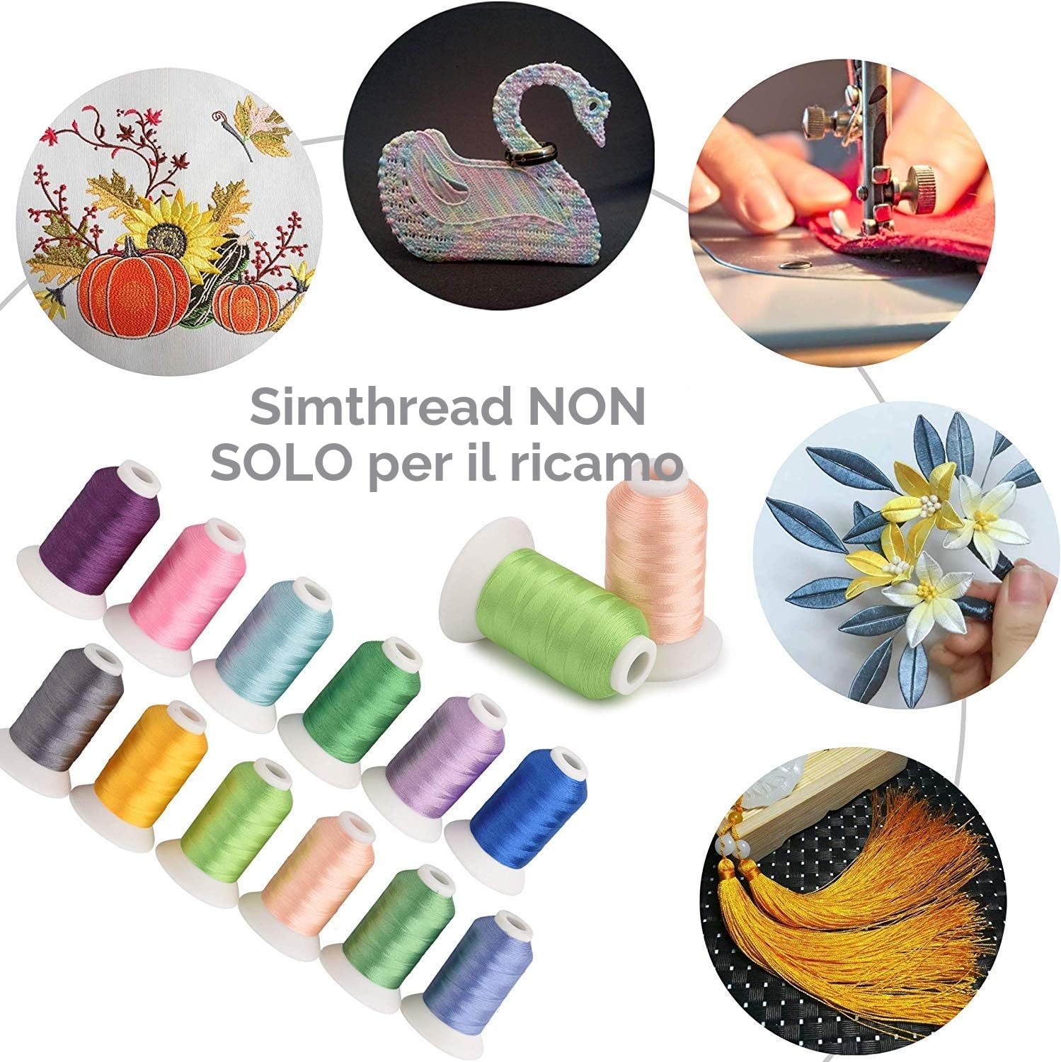 Simthread Kit di 63 Fili da Ricamo in Poliestere 40WT, 63 Bobine da 500 m, Convertibili alla Tabella Colori Brother, Compatibili con Brother, Janome, Babylock, Singer e altre Macchine da Ricamo