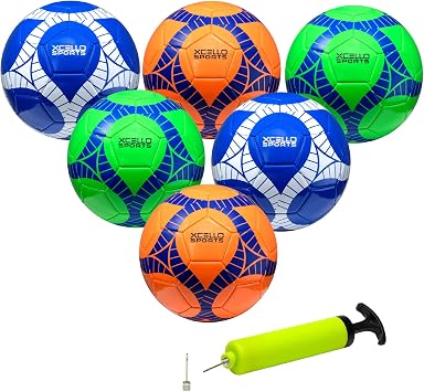 Xcello Sports Soccer Ball Size 4 Assorted Graphics Orange, Green, Navy with Pump Pack of 6