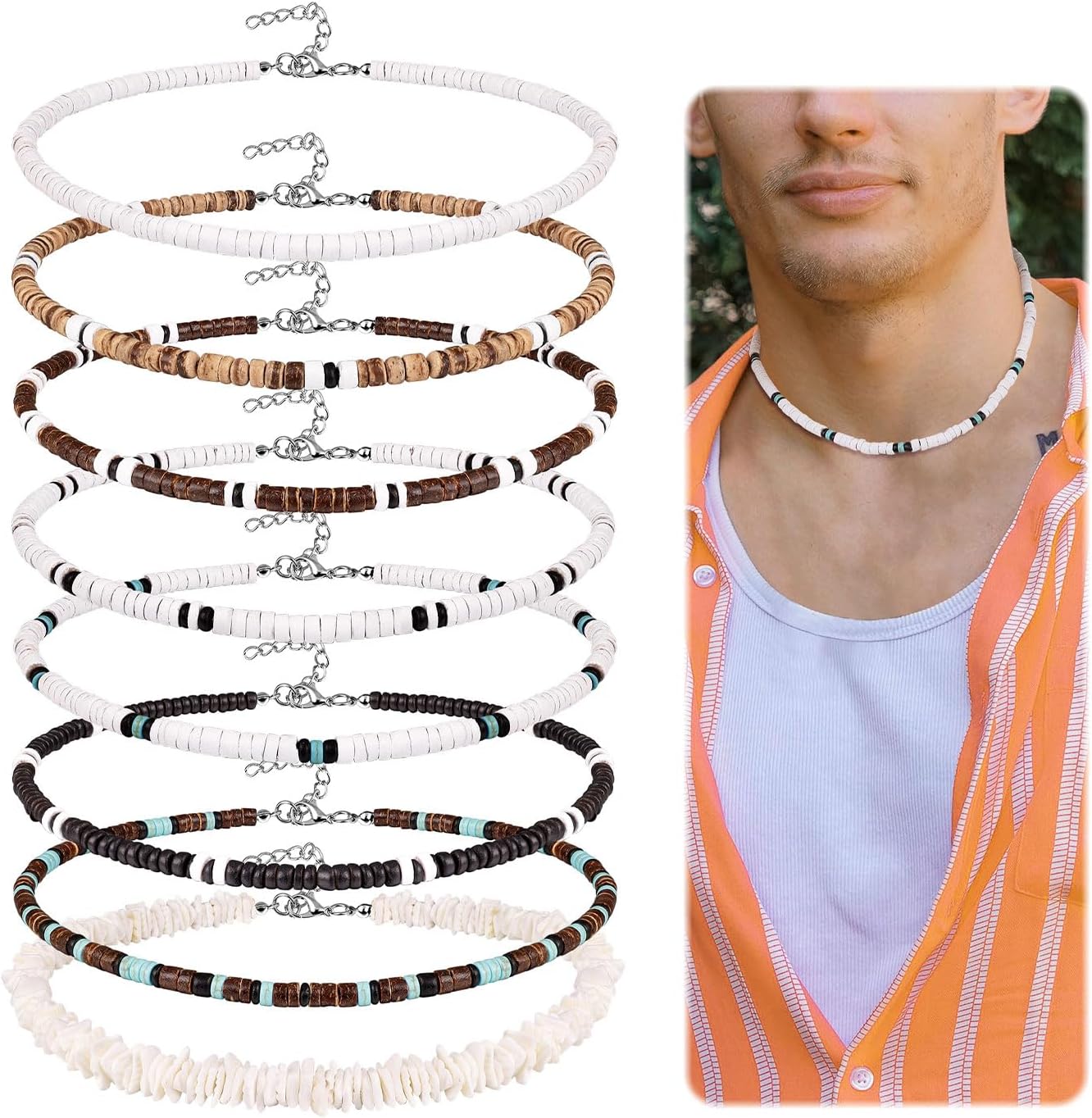 REVOLIA 8Pcs Puka Shell Necklace for Men Women Summer Beach Surfer Necklace Men Seashell Choker Necklace with Clam Chip Beads Necklace Beach Jewelry Set 16/18 Inches