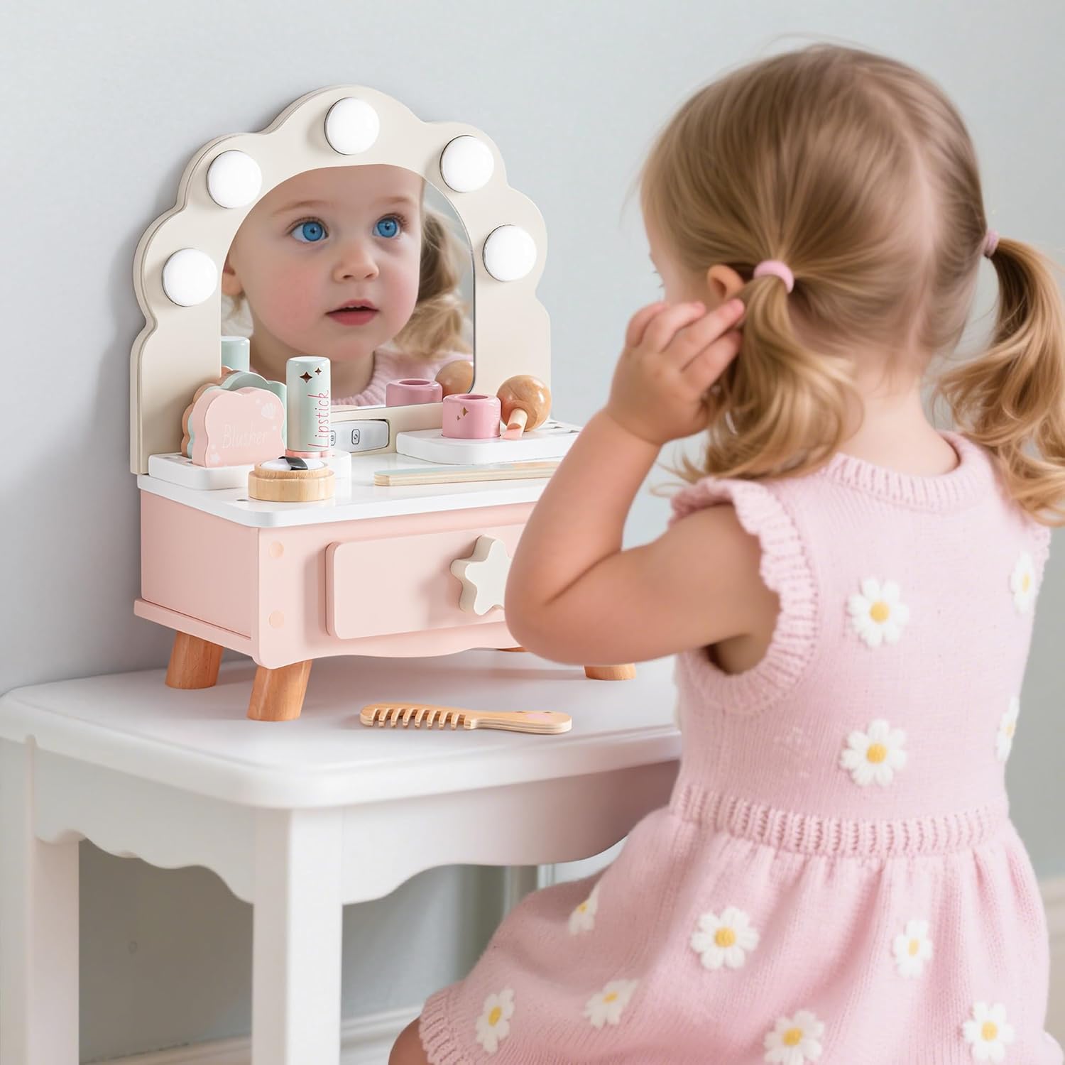 ROBOTIME Toddler Vanity Makeup Table Toy with Mirror & Light, Wooden Kids Makeup Vanity Set, Dressing Table with Accessories and Lights, Pretend Makeup Set for Little Girls