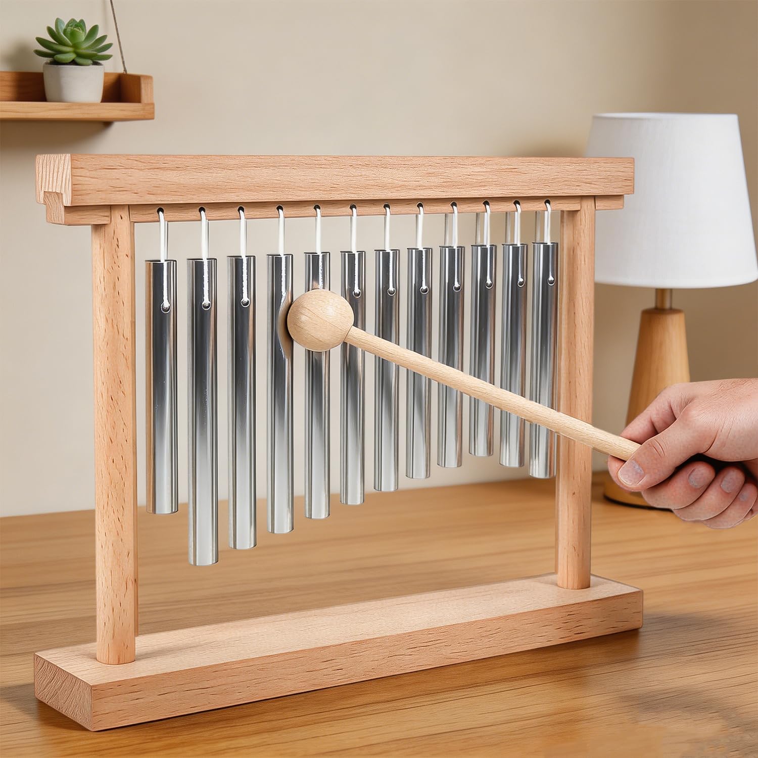 AOVNA Chimes Percussion-Instrument, einreihig, holzfarben, Tisch-Windspiel, leichtes Klangspiel, Musikinstrumente, Anfänger, kollaborative Familie
