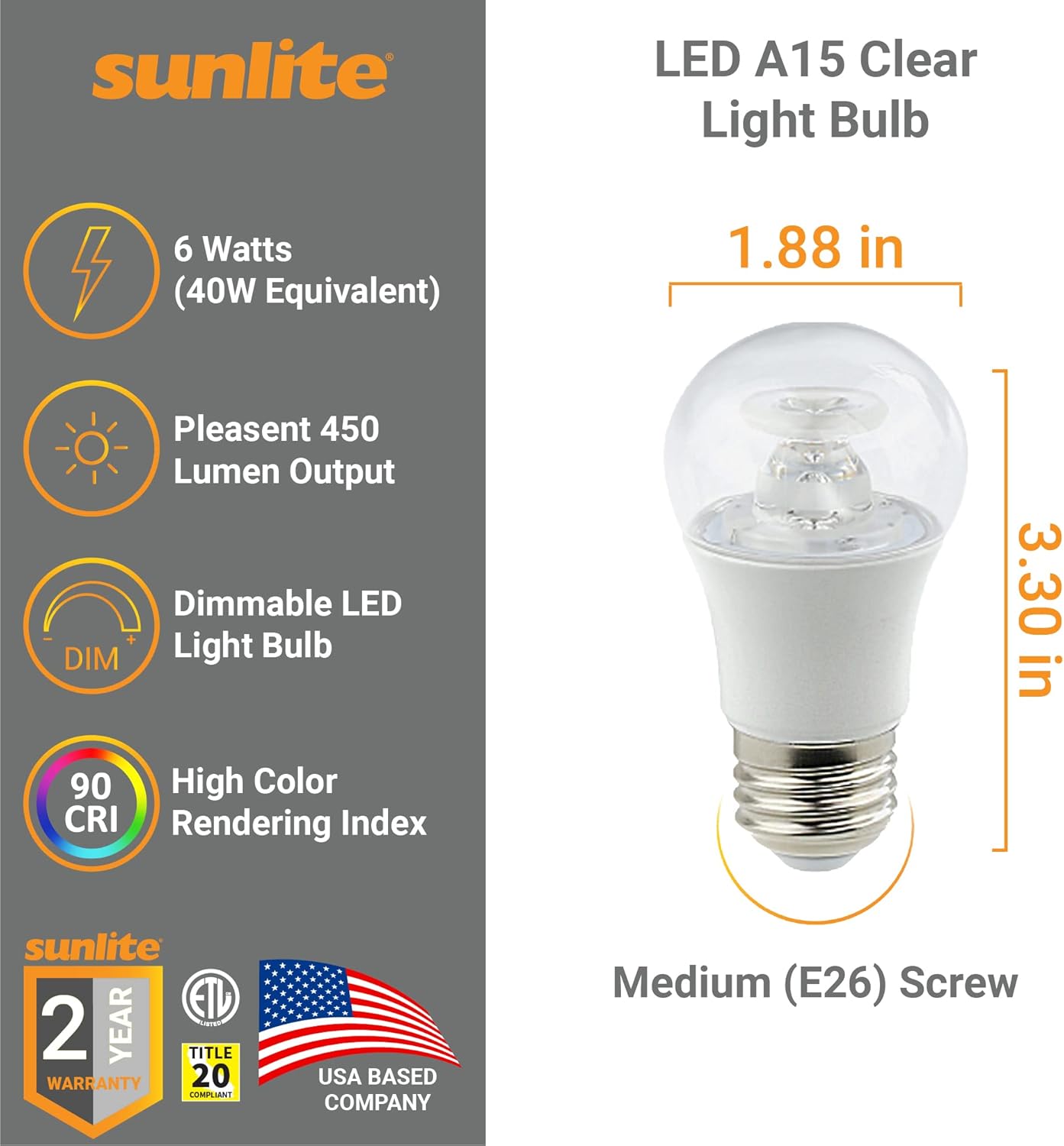 Sunlite 45162 LED A15 Appliance Clear Light Bulb, 6 Watts (40W Equivalent), 450 Lumens, Medium Base (E26), 90 CRI, Dimmable, ETL Listed, Ceiling Fan, Title-20 Compliant, 3000K Warm White, 6 Count