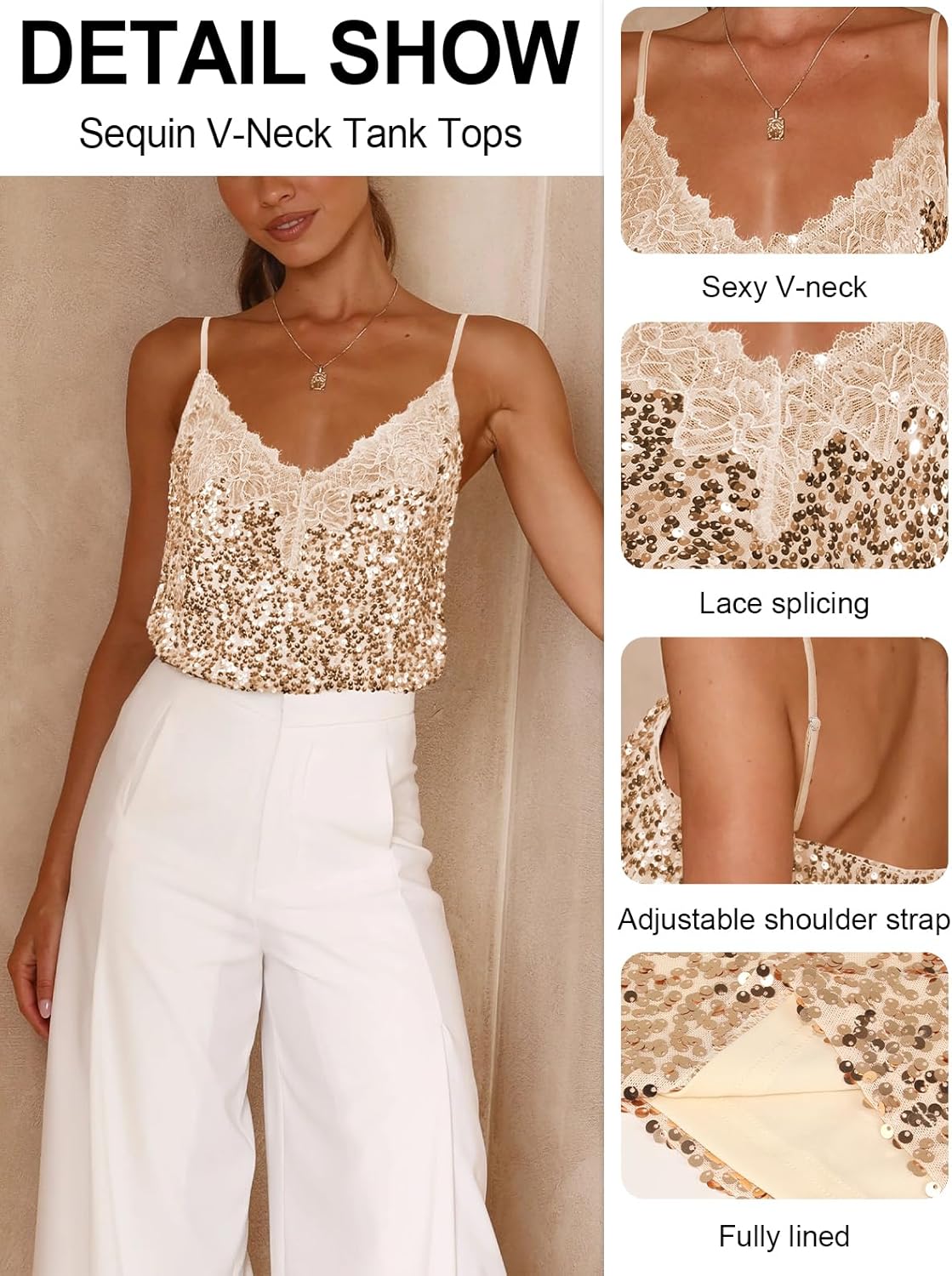 Sequin V-Neck Tank Tops Summer Sparkle Glitter Casual Sexy Backless Beach Vacation Club Camisole Top for Women - Image 4