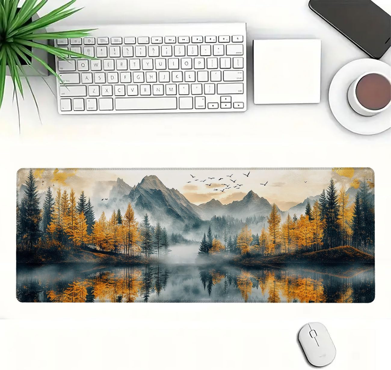 Autumn Forest Extended Mouse Pad Golden Pine Misty Mountain Lake View Mousepad XL Large Gaming Mouse Pad Laptop Keyboard Mat Desk Pad Fits Home Desk, Office Table, or Study Room 31.5x11.8 Inch image 2