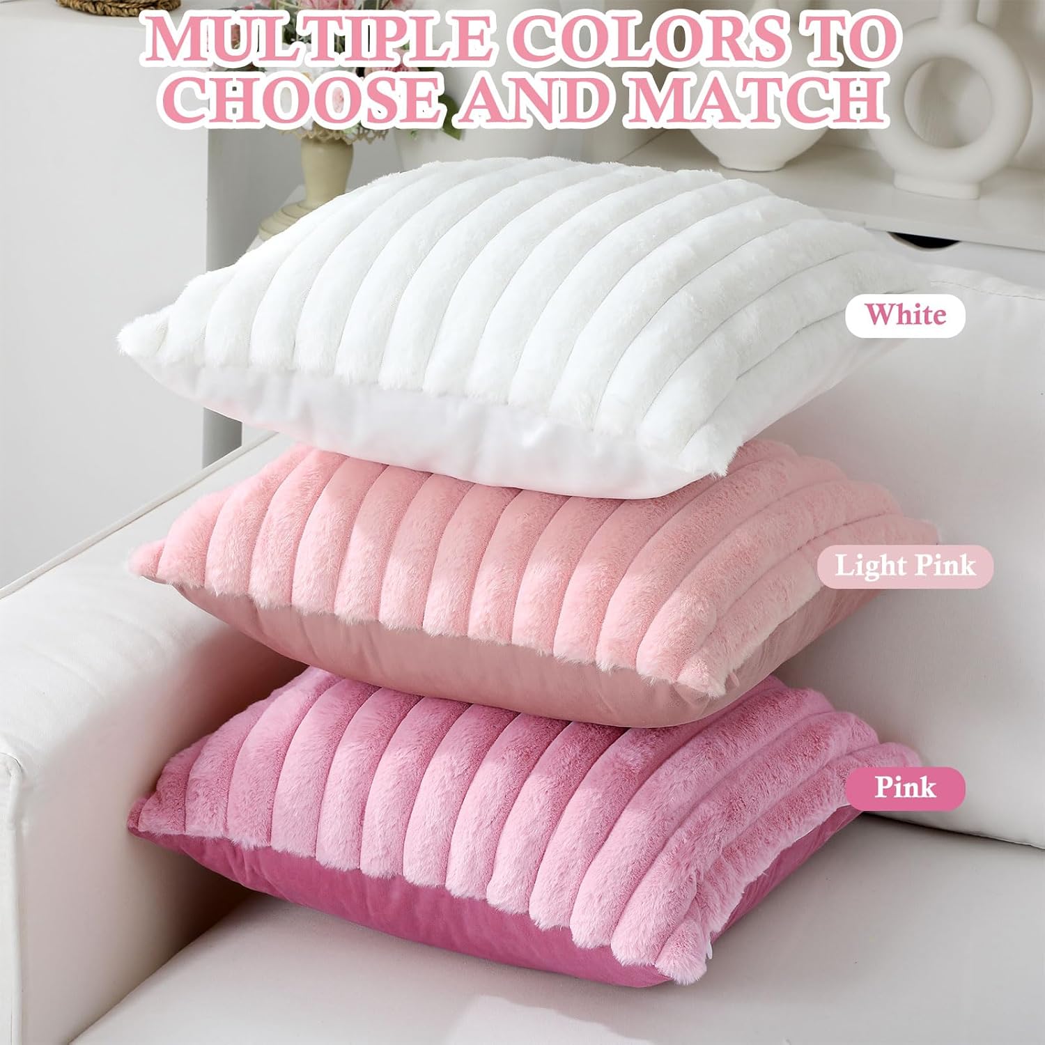 Mixweer 6 Pcs Faux Fur Plush Throw Pillow Covers 18x18 Inch Soft Decorative Striped Pillow Covers with Velvet Back for Coquette Party Sofa Home Wedding Classroom Decor, Pink, Light Pink, White