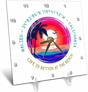 3dRose 6x6 Desk Clock - Malibu, California. Life is Better at The Beach Travel Gift Alexis Design - American Beaches Round