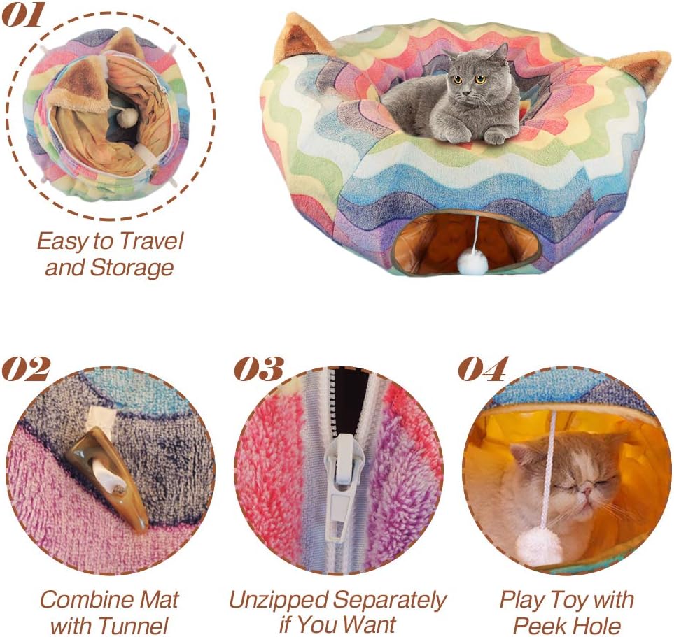 HOMEYA Cat Tunnel Bed with Mat,Collapsible 3 Way Cat Play Tube Condo Toy with Peek Hole Fun Ball Indoor Outdoor Soft Hideout Exercising Playground for Pet Dog Kittens Kitty