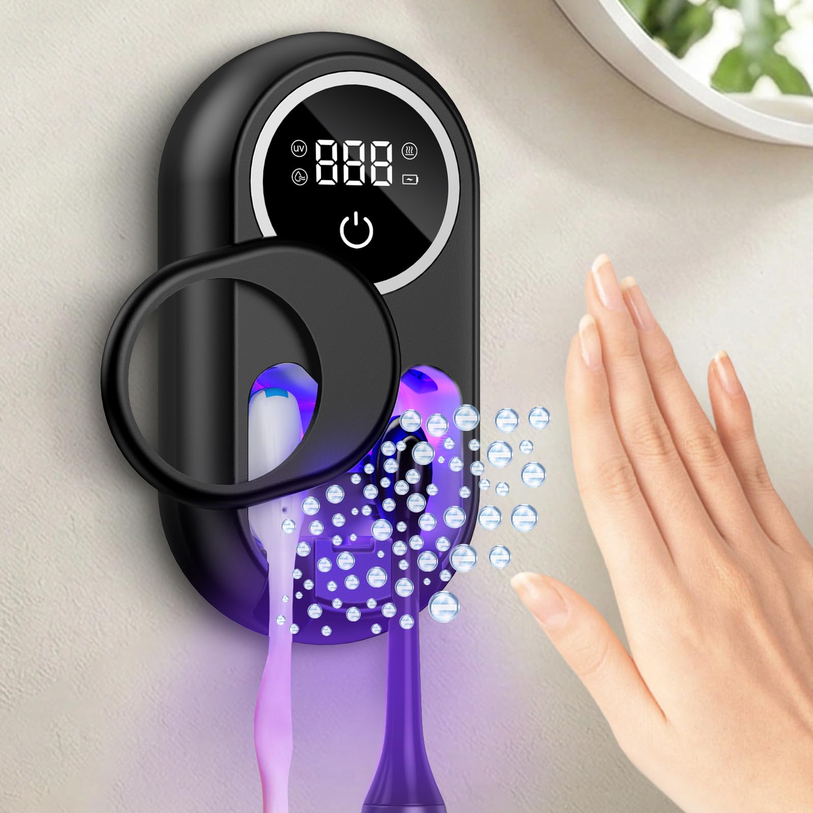 Ankilo UV Toothbrush Sanitizer, Wall Mounted Holder with Automatic Disinfection & Drying, Smart Sensor Cover, LED Display, Rechargeable 2000mAh Battery for Bathroom & Travel - Black