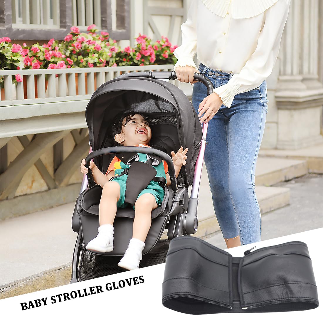 1 pezzi di copertura per passeggino, Maniglia universale in pelle PU passeggino protezione maniglia con chiusura lampo per passeggino e passeggino nero