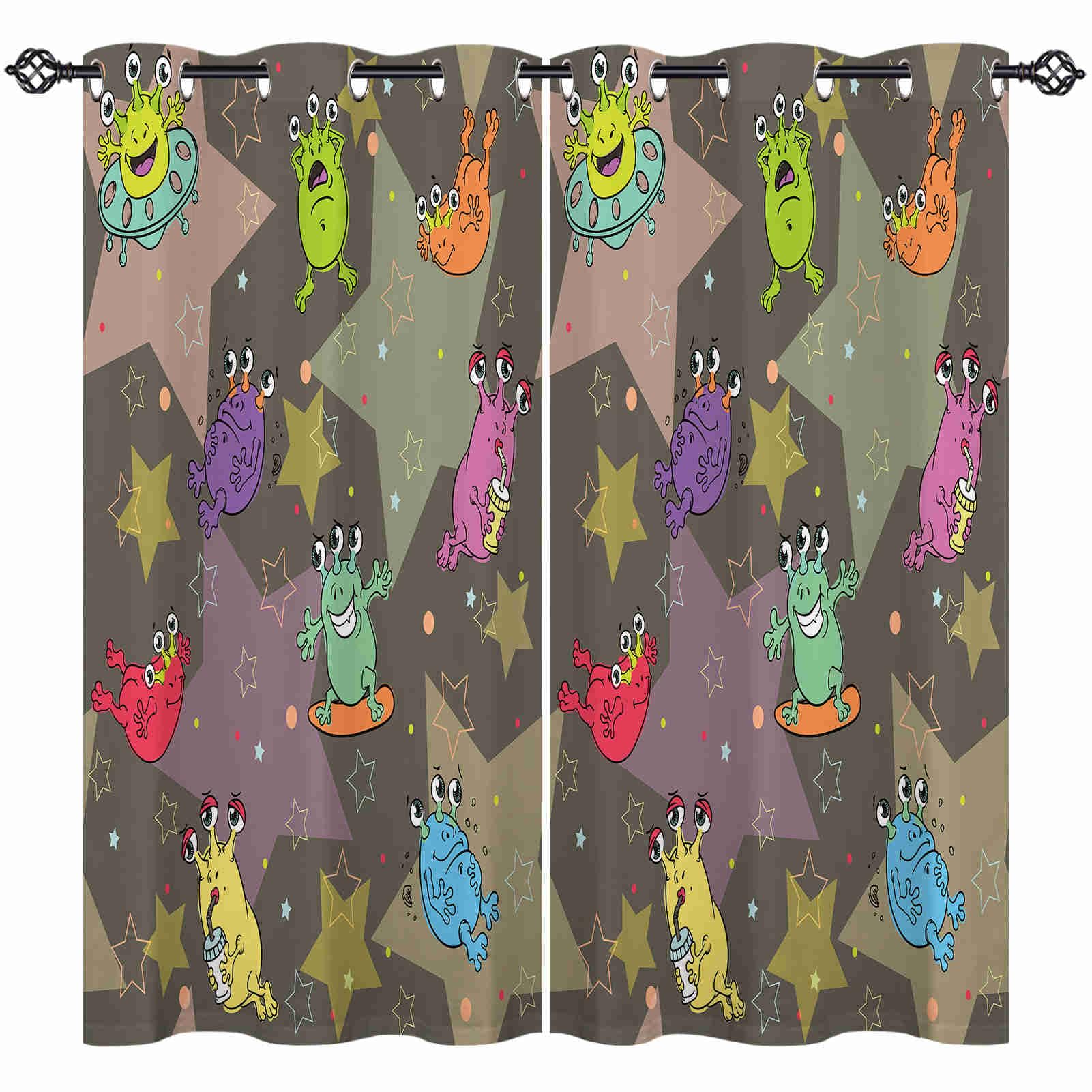 ANHOPE Alien Curtains Eyelet 80% Blackout Room Darkening Curtains with Space UFO Flying Saucer Print Pattern Thermal Insulated Window Drapes for Kids Bedroom Living Room 52 x 63 Inch Drop 2 Panels