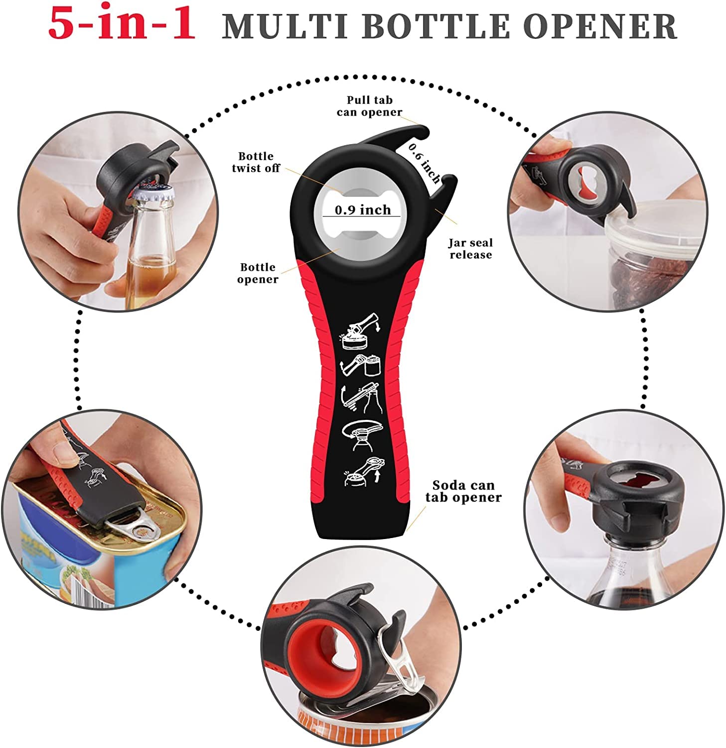 Abridor de tarros para manos débiles, kit de abridor de botellas multifunción 5 en 1 con mango de silicona, fácil de usar para niños, ancianos y personas con artritis, rojo