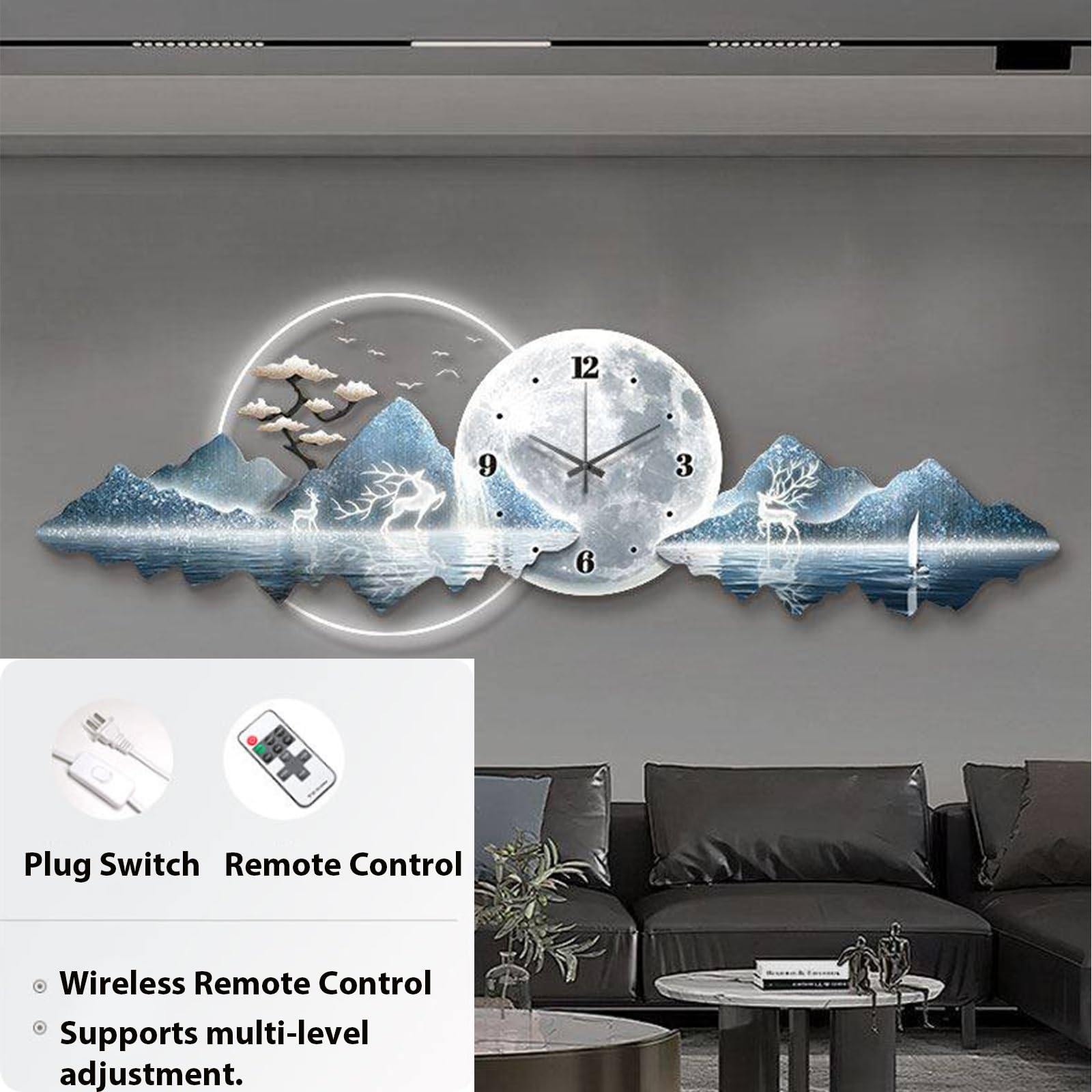 Orologio decorativo da parete 3D con luce LED, grande scultura da parete blu e oro con quadrante a trama lunare, silenzioso, decorativo da appendere alla parete per soggiorno, camera da letto e