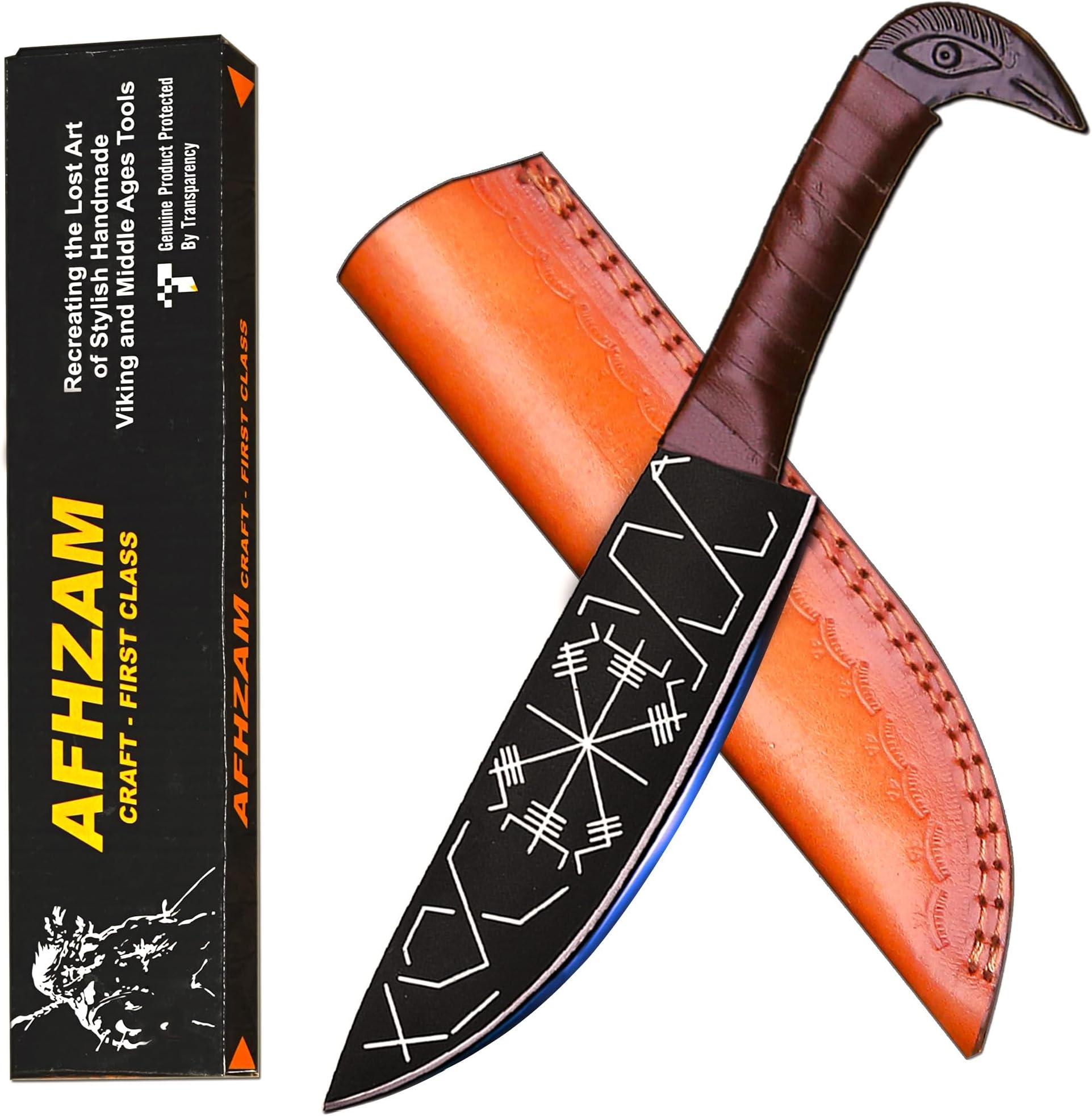 Viking Knife With Raven's Head Hilt & Leather Sheath | Hand Forged High Carbon Steel Blade | Camping Viking Engraved Fixed Blade Knives | Viking Gifts For Men (Kuk-114)