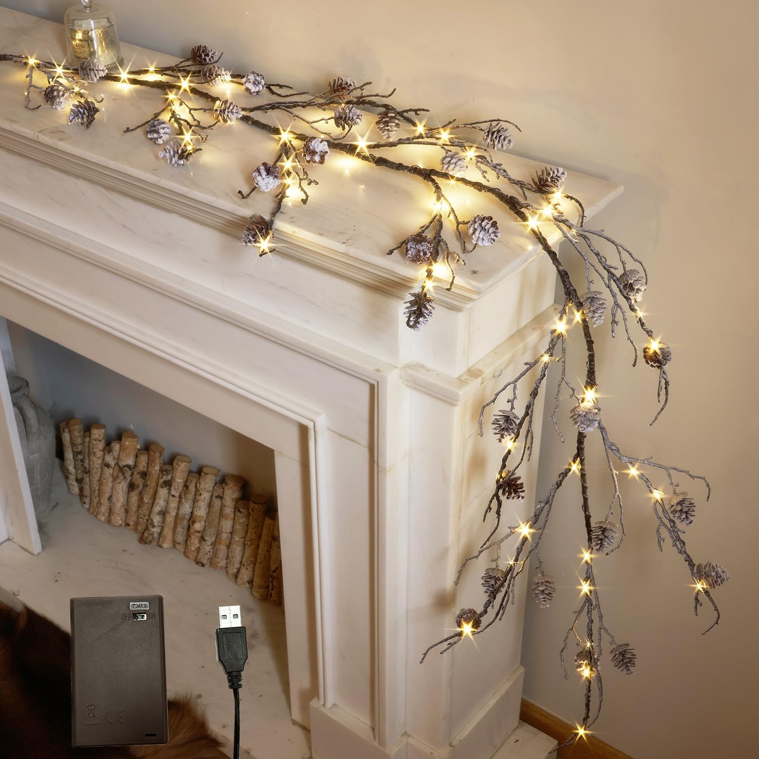 LITBLOOM Norfolk Pine Garland with Lights 6FT Battery Operated or USB Powered, Lighted Garland with Timer 110 LED Fairy Lights for Fireplace, Table Christmas Decoration