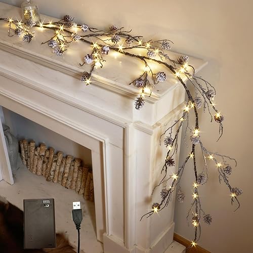 Miniatura 8 de LITBLOOM - Guirnalda de Navidad de pino con luces de 6 pies, funciona con pilas y USB, guirnalda iluminada con temporizador, 36 luces LED