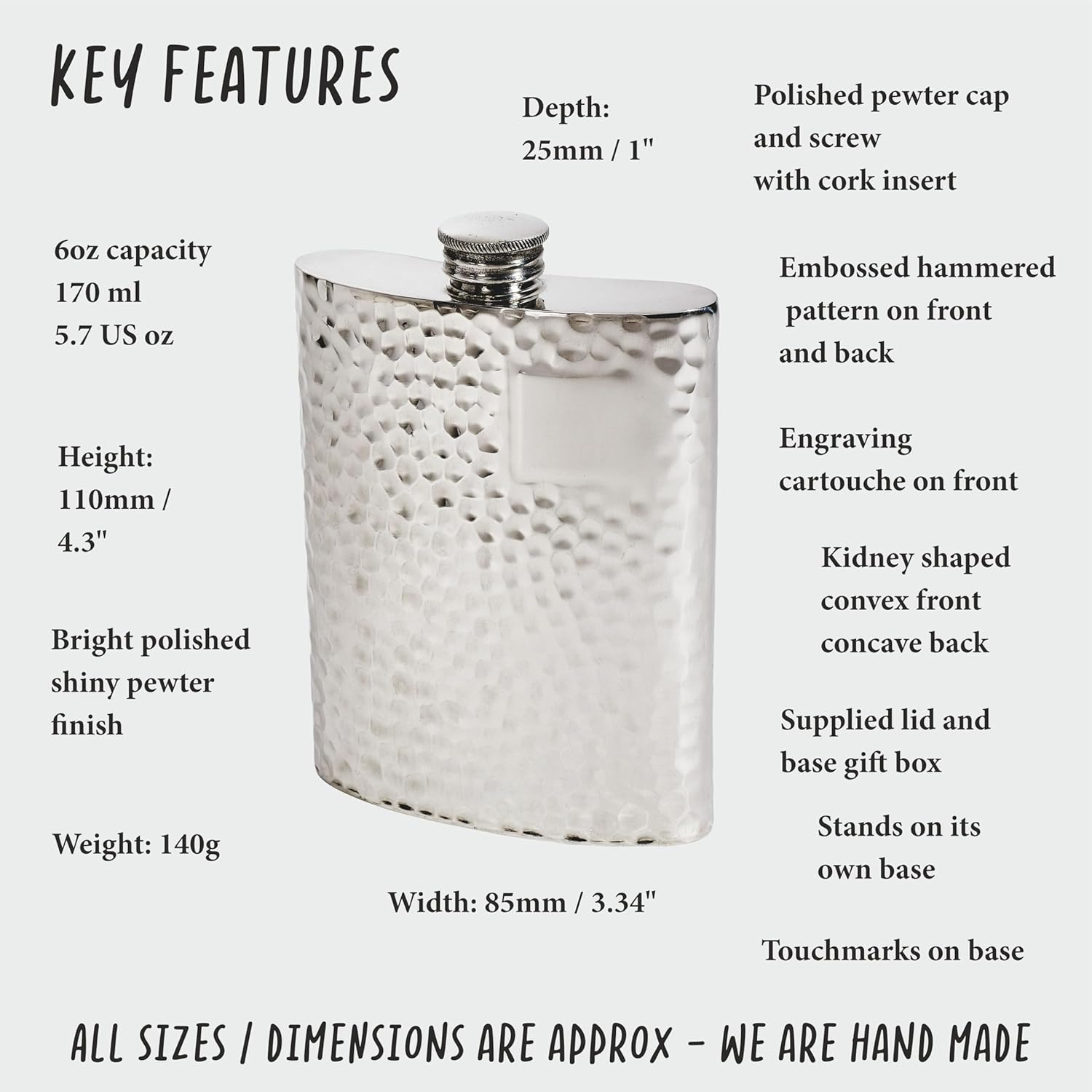 6oz Hammered Pewter Kidney Hip Flask (hammered finish)
