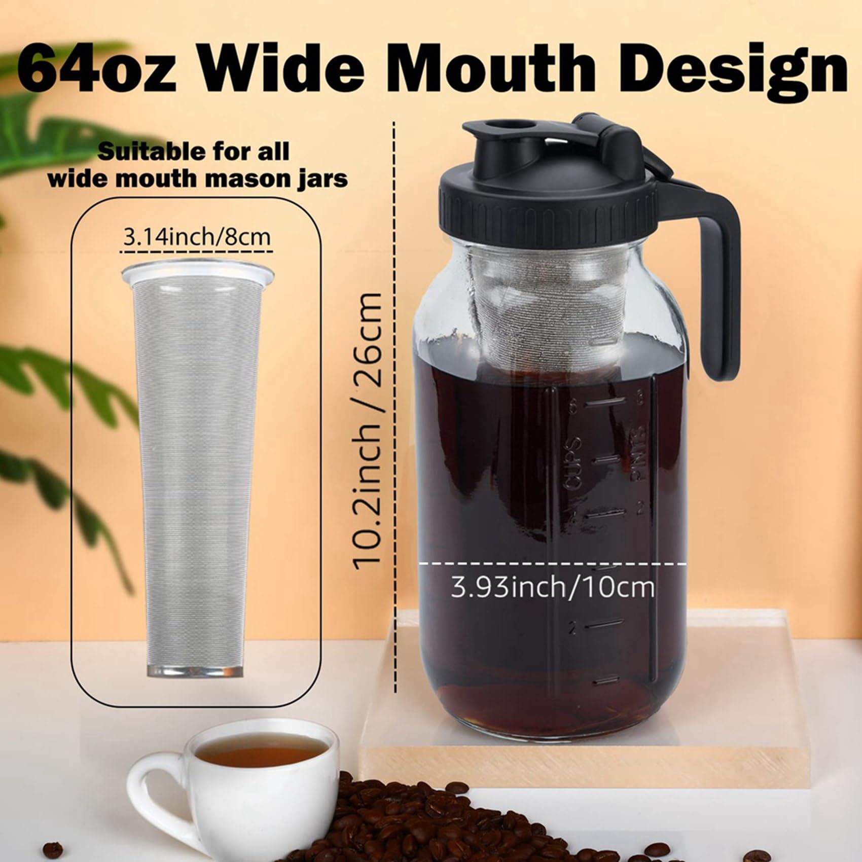 2X Cafetera de Preparación en Frío Jarra de Preparación en Frío de 64 Oz con Filtro Súper de Acero Inoxidable para Café Preparado con Hielo, Té Helado-A