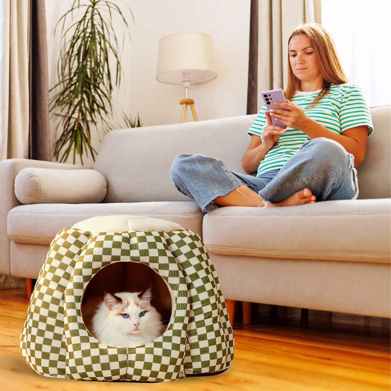 Galatée Lit pour Chat, Tente Igloo pour Chat, Lit Confortable pour Animaux De Compagnie pour Petits Chiens Et Chats, Lit Doux en Peluche pour Chat, Maison De Tente pour Chien Lavable(S, Vert)