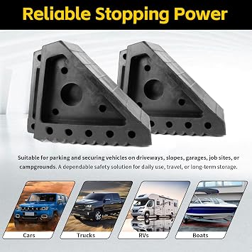 MaxxHaul Solid Rubber Wheel Chock 2-Pack | 8 x 4 x 6 Heavy-Duty Tire Stop | Non-Slip Traction Pads | Built-in Handle | All-Weather Vehicle Safety Block | Black | (70472)