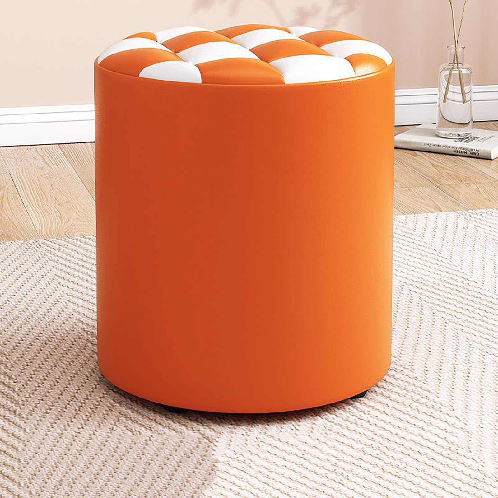 Tabouret de coiffeuse rond orange avec assise simili cuir pour table de salon