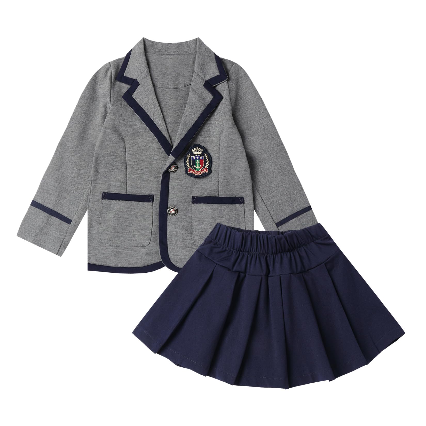 Mud Kingdom Girls British School Uniform Long Sleeve Wide Lapel Coat with Skirt Set 4-16Y 4T Grey & Navy Blue