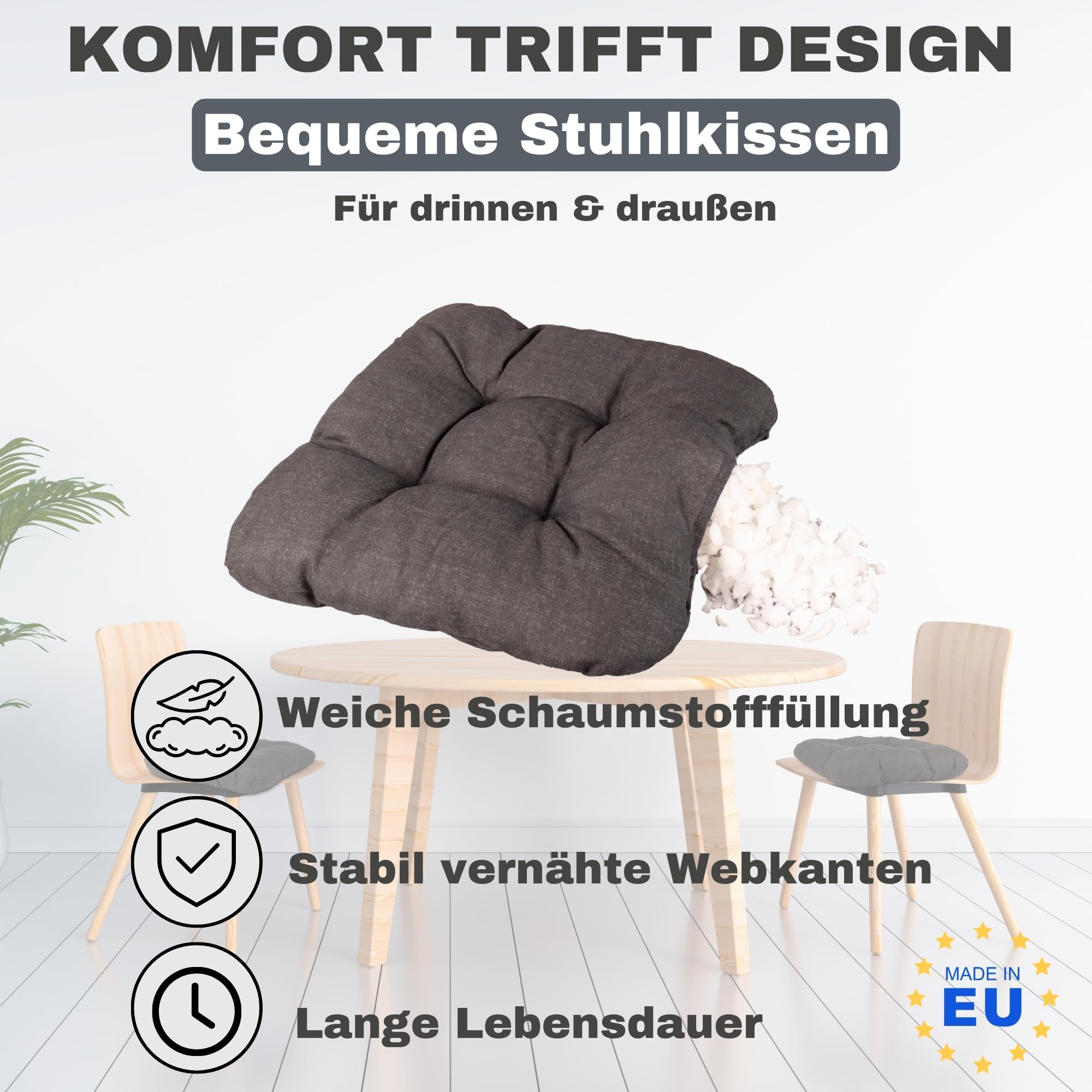 HLKauf 8er Set Anthrazit Sitzkissen 36x36x6 cm | weiche Kissen | Für Garten, Camping, Gastronomie oder Bistro | Oeko-Tex und Made in EU