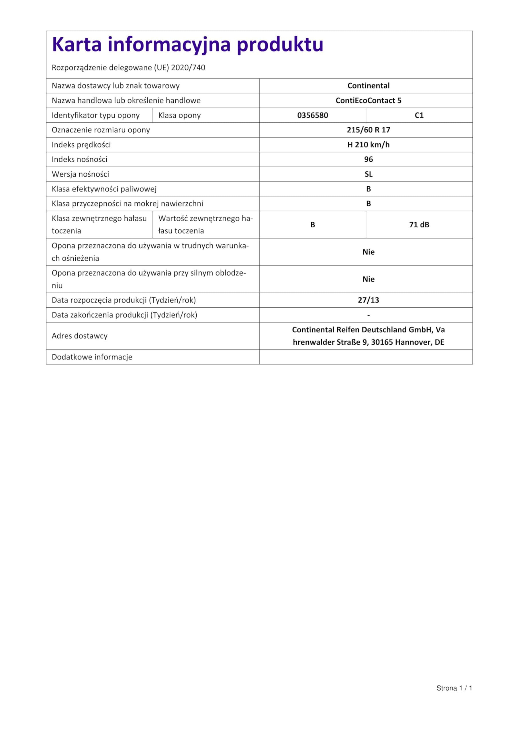 Continental ECO 5 215/60/R17 96 H - Pneumatico Estivo - B/B/71