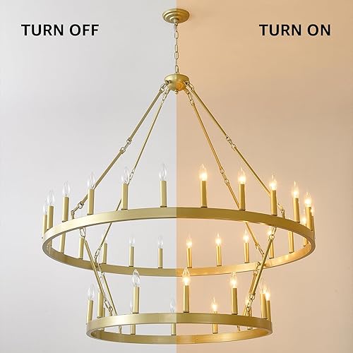 Miniatura 2 de EGM Candelabro de rueda de carro de 2 niveles, 30 luces, 40 pulgadas, extra grande, de níquel, redonda, rústica, para techos altos (2 niveles)