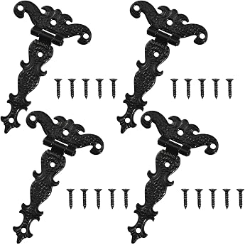 Pack of 4 Antique Hinges Black Retro T-Hinge Vintage Cabinet Hinge with Mounting Screws Furniture Hinges Door Hinges for Cupboard Drawer Door Bookshelf Wooden Box