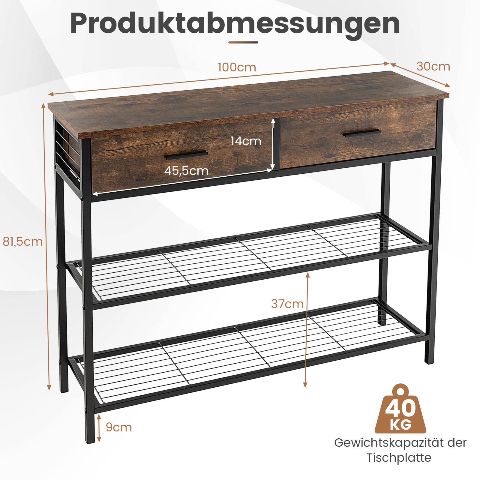 COSTWAY Stolik konsola 100 cm z 2 szufladami, 3 poziomy, stół do przedpokoju z drewna, stolik pomocniczy z metalową ramą, z zabezpieczeniem przed przewróceniem się (vintage)