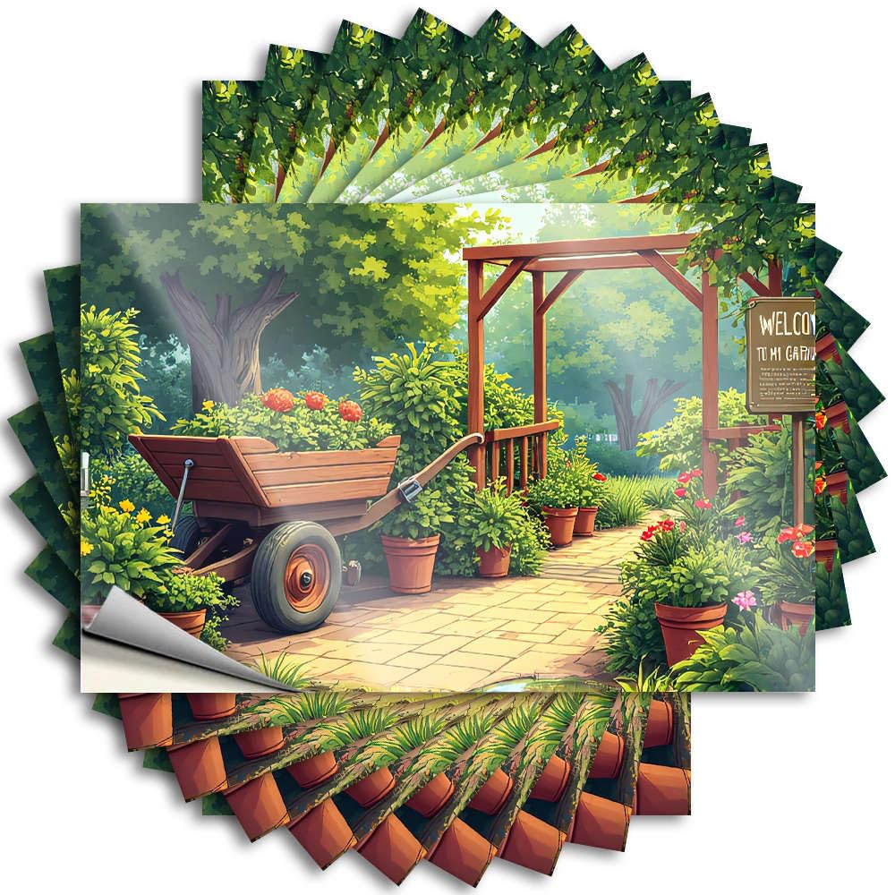 Metal, Bumper Hard A Charming Garden Scene with A Wooden Cart Filled with Vibrant Flowers. | Travel Rv Camping Accessories(6X9CM)