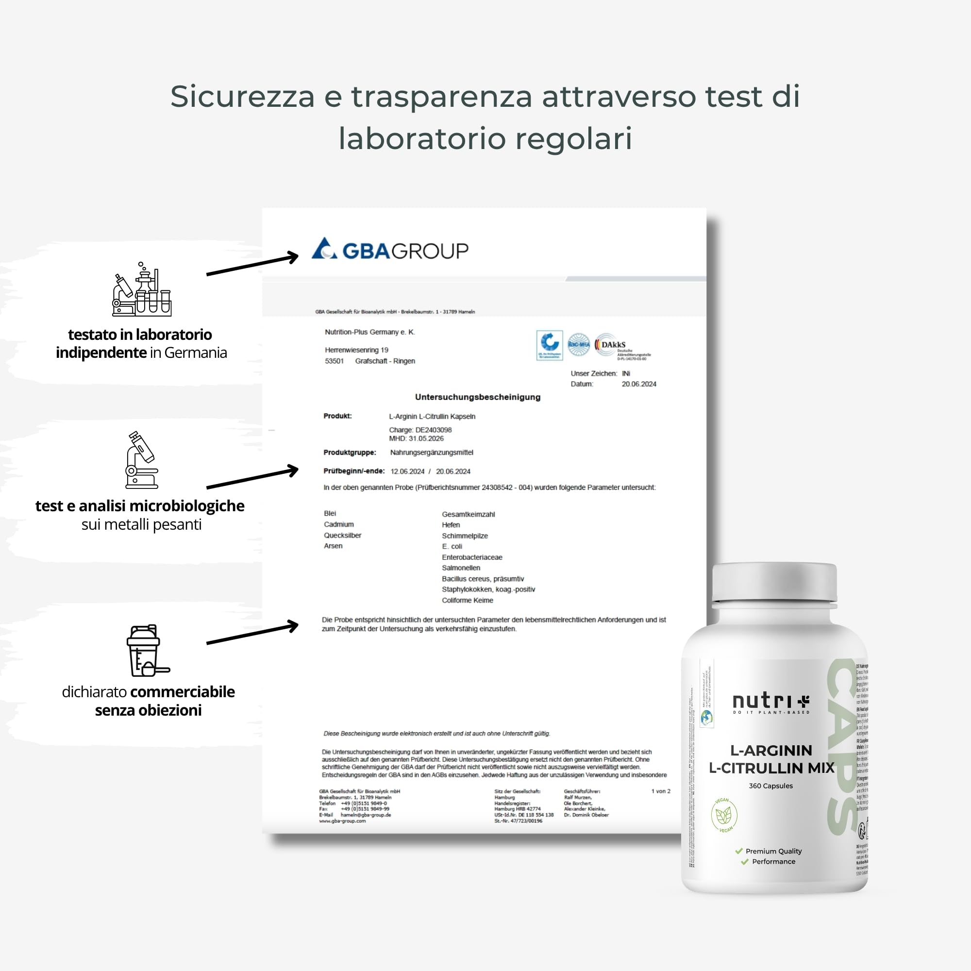 Nutri + Capsule Arginina Citrullina - 360 Capsule alto Dosaggio + vegane - 3000mg L-citrullina Malato + L-arginina Base - Bodybuilding - Qualità premium senza Magnesio Stearato o Additivi