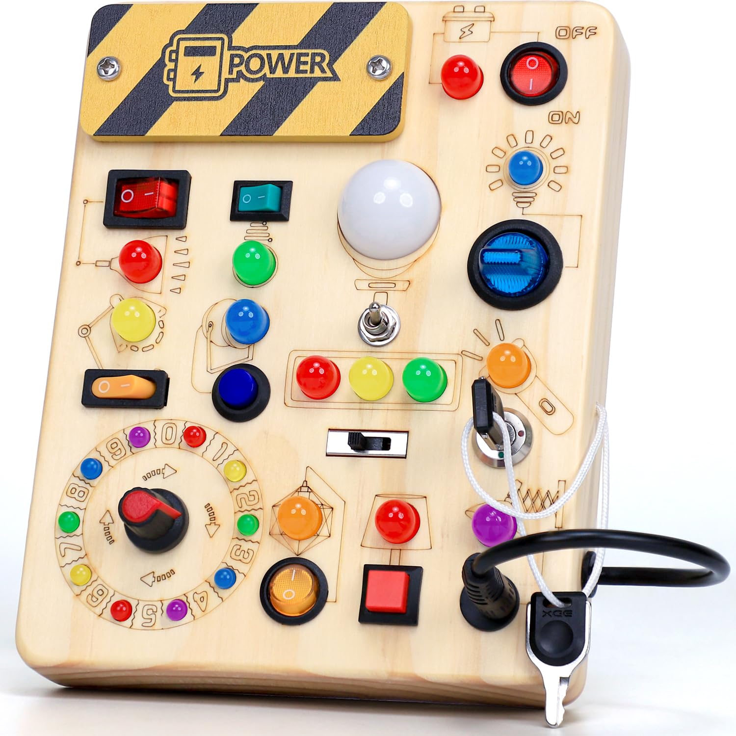 EchoToys Montessori Spielzeug Busy Board ab 1 Jahr, Activity Board aus Holz | Motorikspielzeug mit, 13 Schaltern, 24 LED-Leuchten, Baby Spielzeug , Geschenk für Jungen & Mädchen