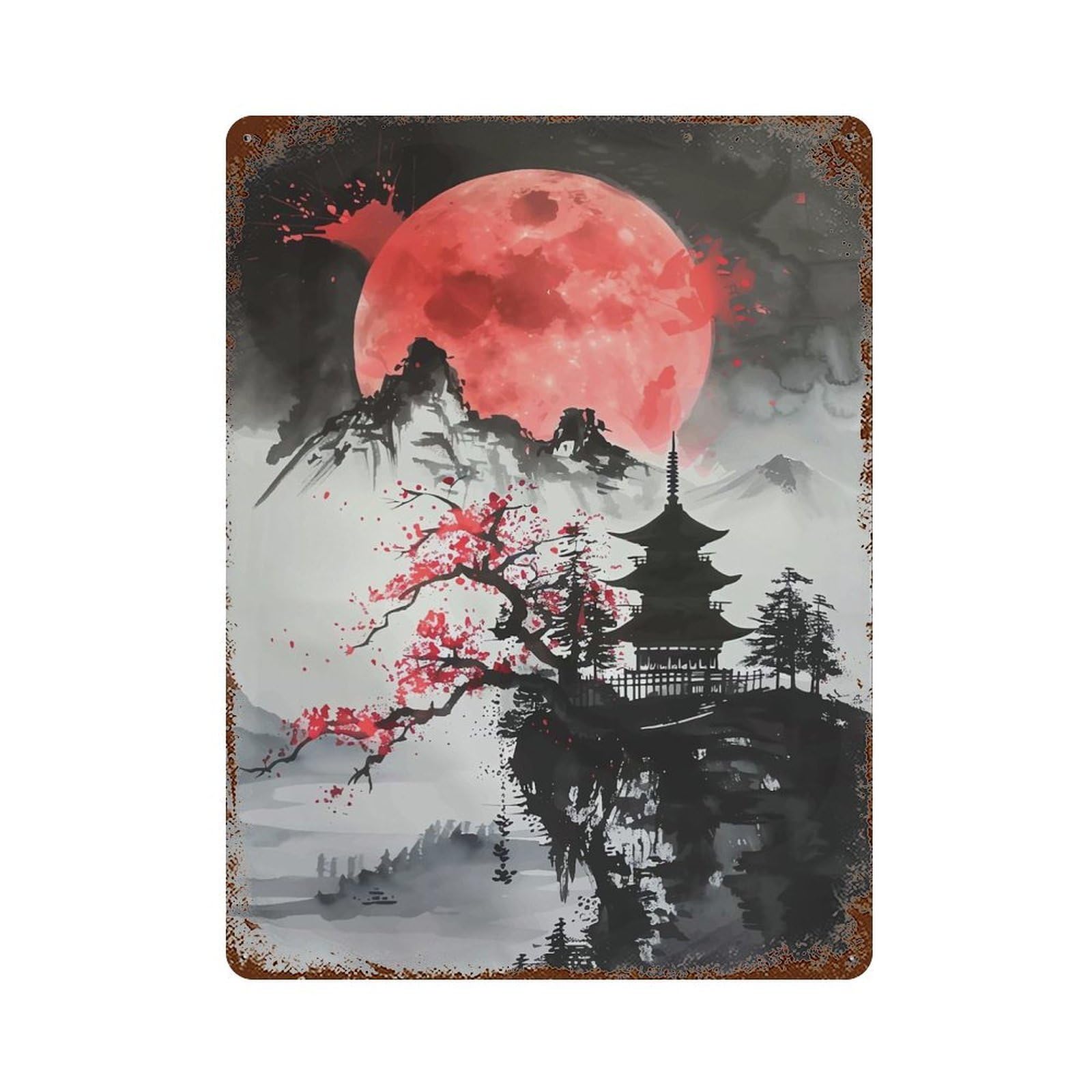 Rust Effect Red Moon Japan Decorative Tin Sign 15.7"x11.8", Rustic Home Decor for Cafe, Home Bar And Lounge Decor