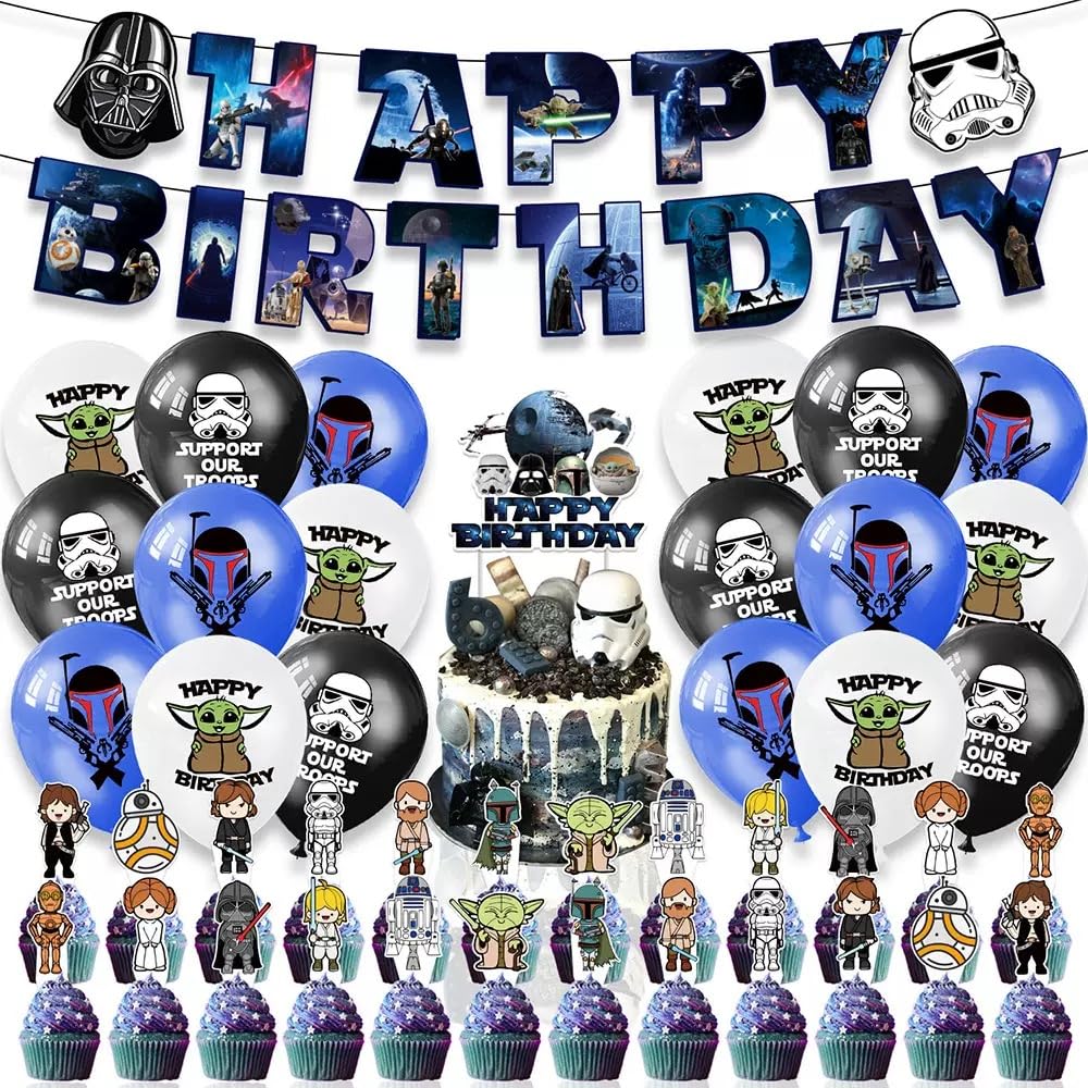 Birthday Party Decorations Star War Party Supplies - Happy Birthday Banner, Cupcake Toppers, Balloons for Game Party Decor