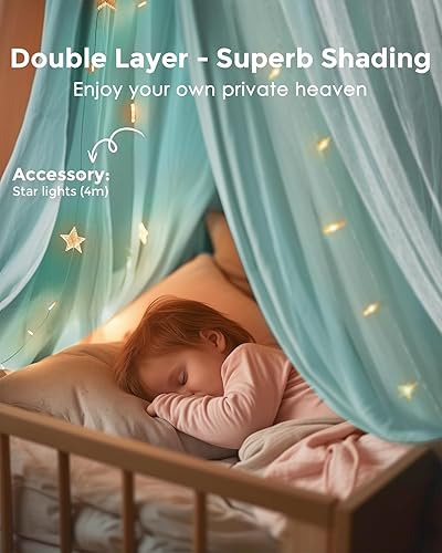 Vista 18 de Toldo de cama grande con luces de estrellas, toldo de doble capa para cama, tienda de campaña de princesa para habitación de niñas, toldo