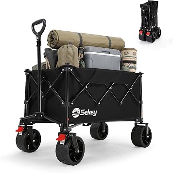 Sekey Heavy Duty Festival Trolley 150KG Load, Folding Camping Trolley 135L, All-Terrain Beach Wagon 7kg Lightweight with 8.5cm Wide Wheels & Dual Brakes, Pull Along Cart, Black