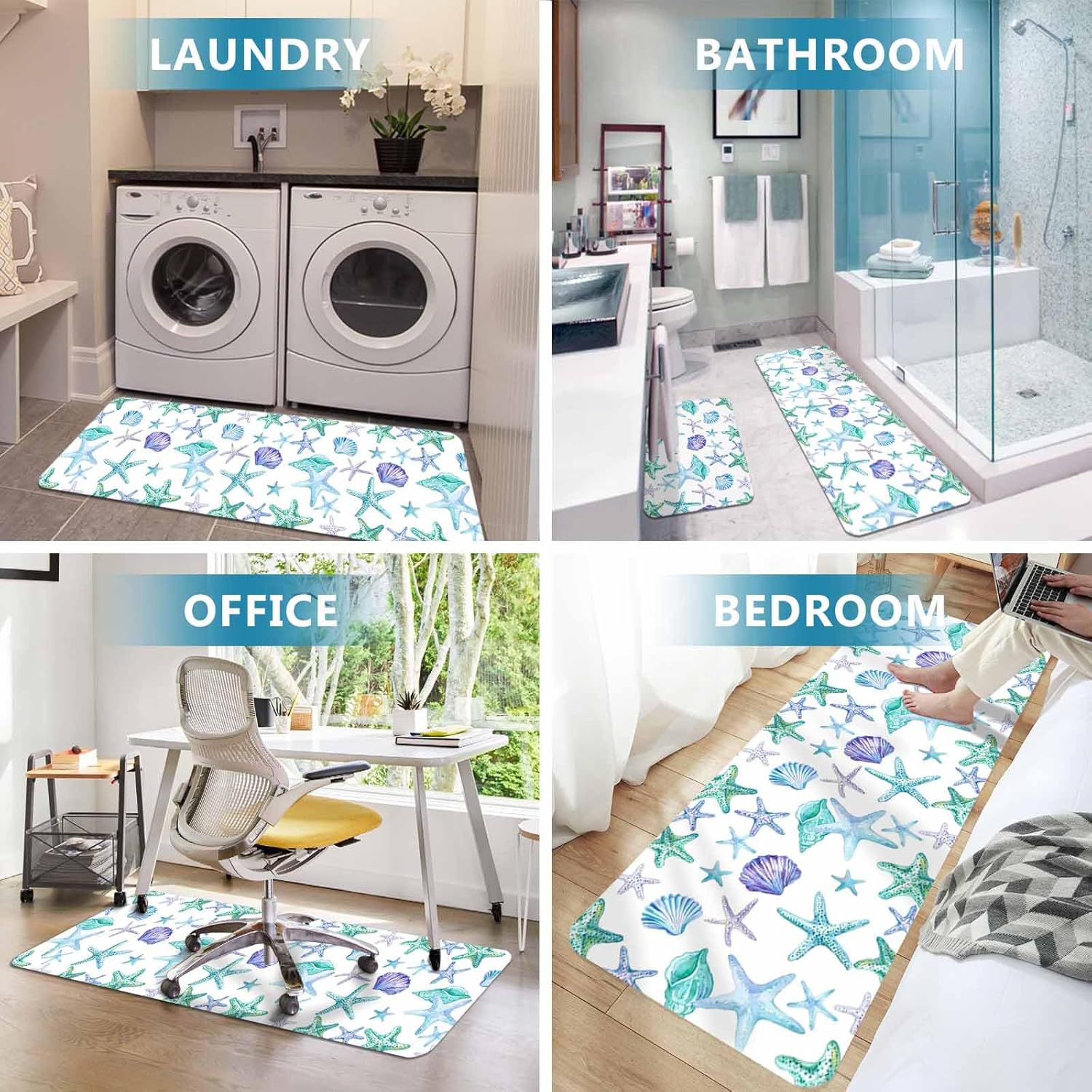 Prime Leader Ocean Starfish Shell Kitchen Mat Set 2 Pieces Summer Sea Watercolor Green Purple Marine Life Non Slip Kitchen Rugs Washable Runner Rug Mats for Sink Laundry (19.7" x 31.5"+19.7" x 63")