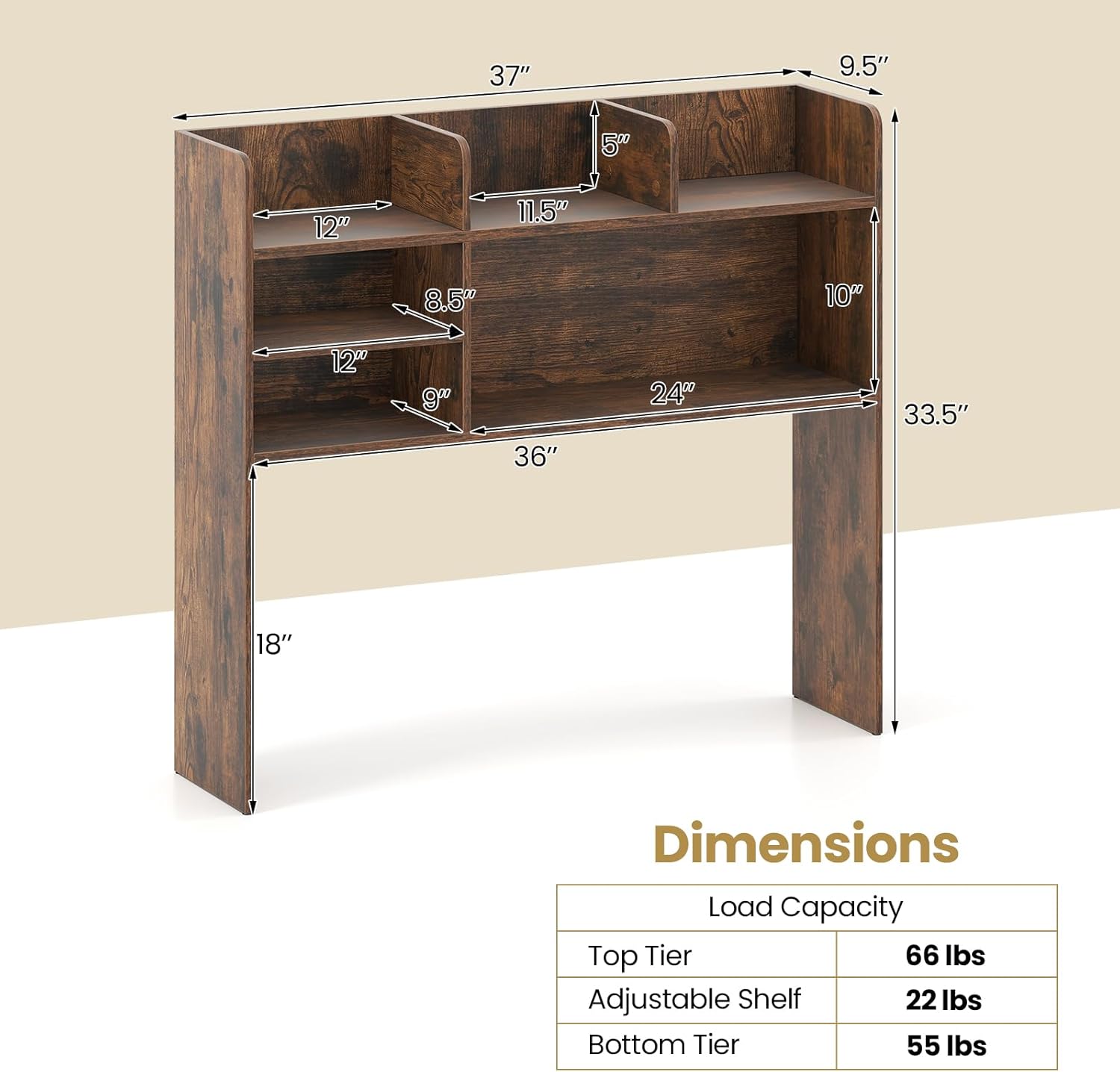Tangkula Desktop Bookshelf for Computer Up to 32”, 37” Countertop Storage Hutch with 6 Storage Shelves, 3-Tier Desktop Organizer Display Rack, Wooden Desk Hutch for Dorm Home Office (Rustic Brown)