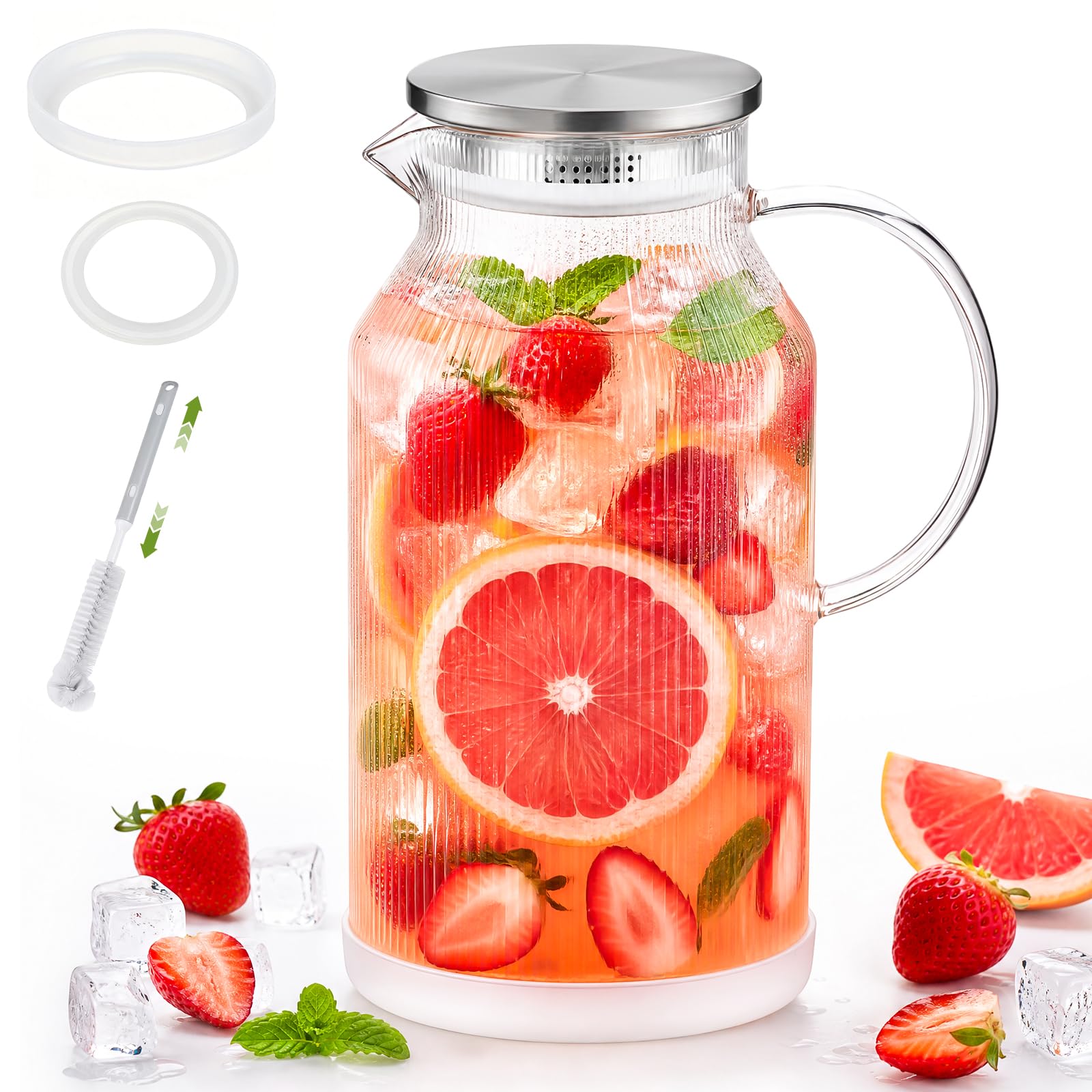 View 1 of 1 Gallon/3.8L Glass Pitcher with Lid, Extra Large Water Carafe Jug, Borosilicate Glass Iced Tea Pitcher, Glass Water Pitcher with Silicone Base, Leak-proof Ring & Cleaning Brush Included (Striped)