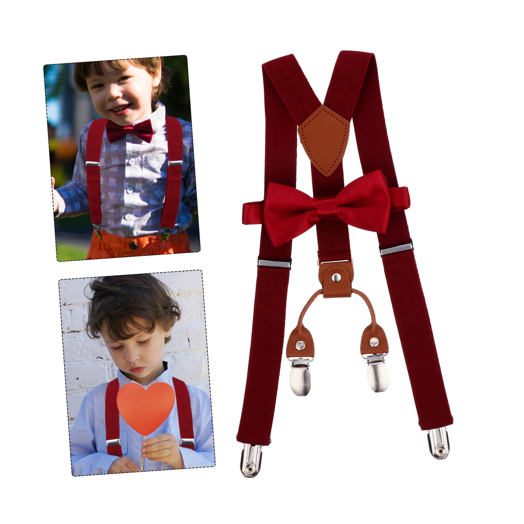 Veemoon 1 Set 4 Adjustable Suspenders and Bowtie Set for Boys and Back Design with Strong Clips for Birthdays Weddings Parties and School Events