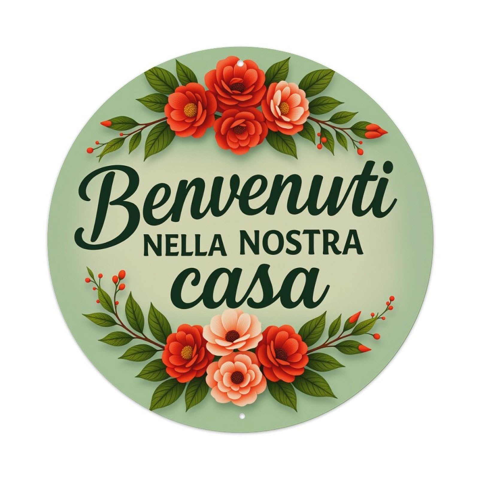 Floral Welcome Sign With Red Roses And Green Leaves Round Vintage Tin Sign,Retro Wall Art,Metal Poster for Home, Bar, Garage, Cafe, Rustic Indoor & Outdoor Decor, 8x8 Inches