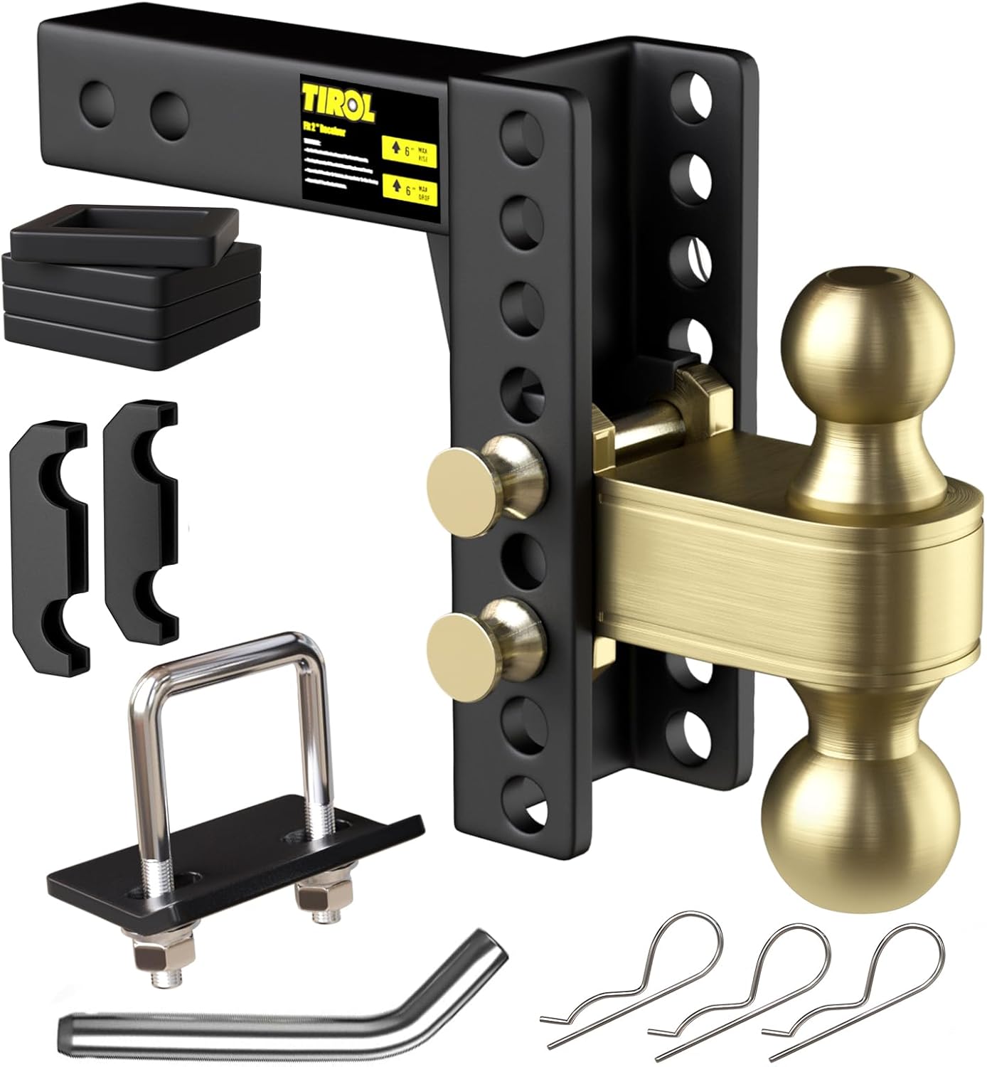 Adjustable Trailer Hitch - Fits 2'' Receiver, 6 Drop/Rise Drop Hitch, 2'' & 2-5/16'' Ball Hitches, Dual Balls 25000 LBS Capacity - Tow Hitch for Heavy Duty Truck with Hitch Tightener (6 Rise & Drop)