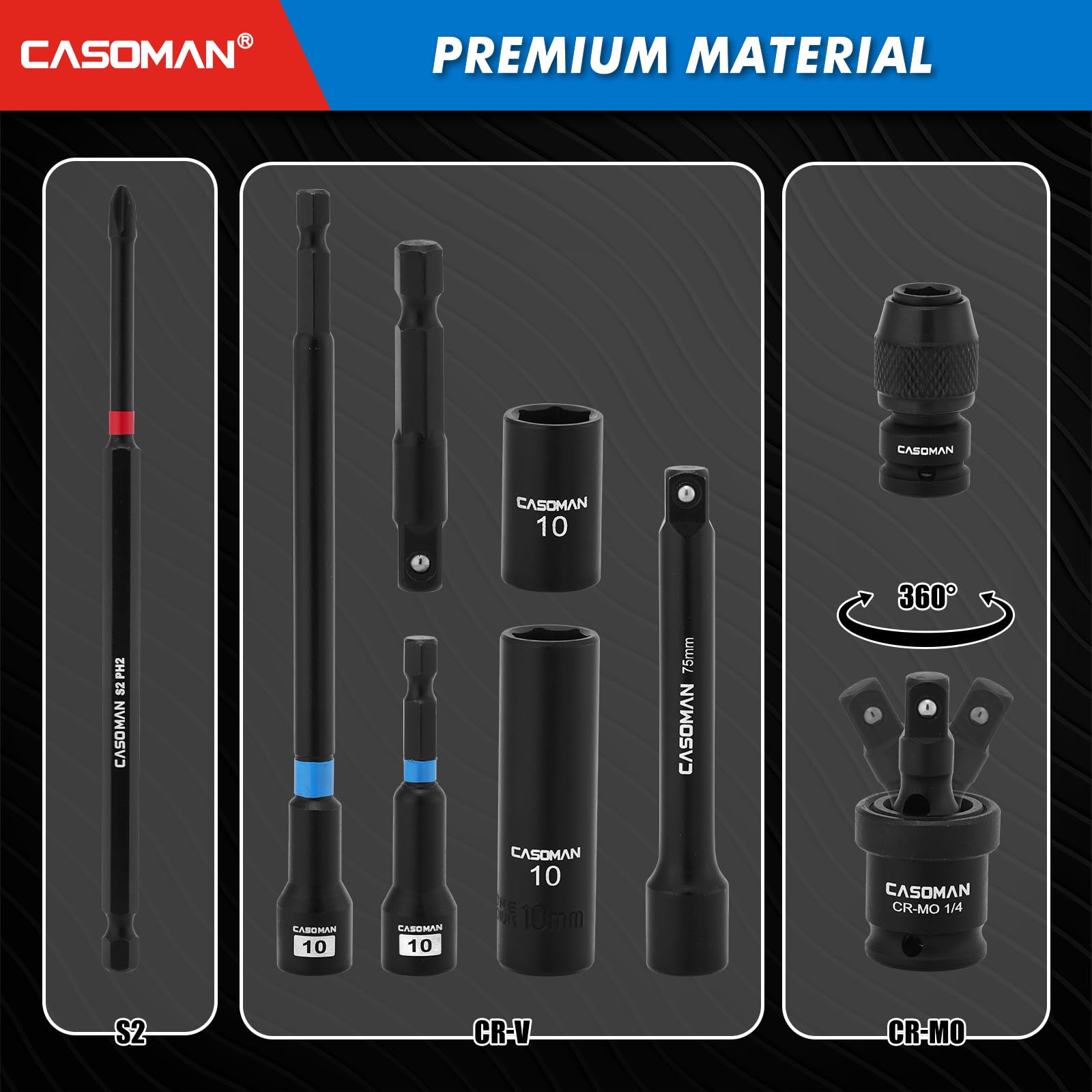 CASOMAN Set di 52 cacciaviti magnetici da 1/4" e bussole a impatto basso e profondo da 1/4", metriche, con adattatore, barra di estensione, giunto universale e punta a percussione lunga