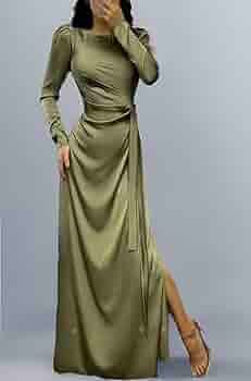 Buy xxxiticat Women's Satin Long Dress Long Sleeve Puff Shoulder